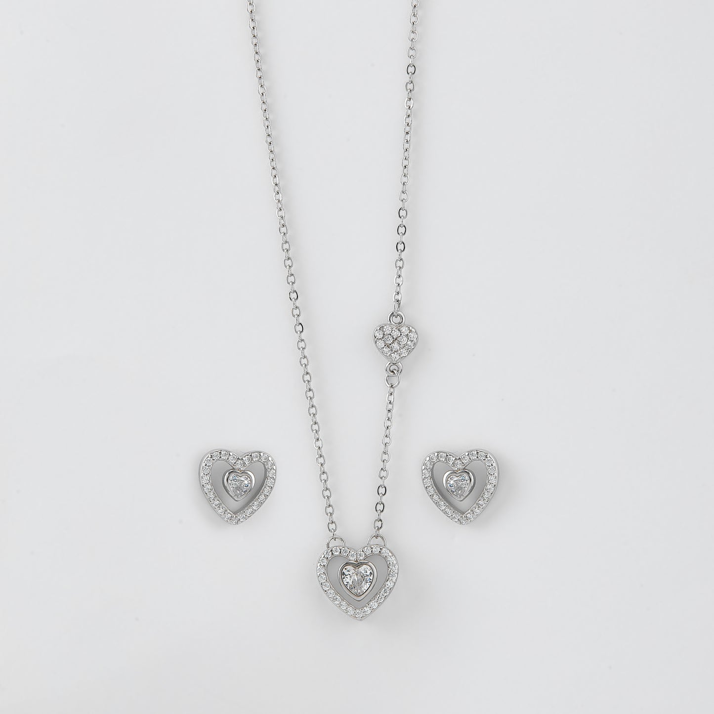 romantic double heart cz pendant necklace with matching earrings in 92.5 sterling silver
