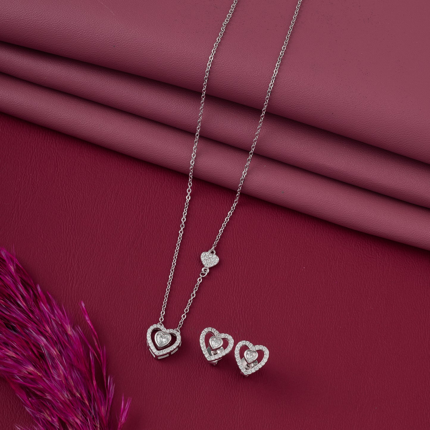 romantic double heart cz pendant necklace with matching earrings in 92.5 sterling silver