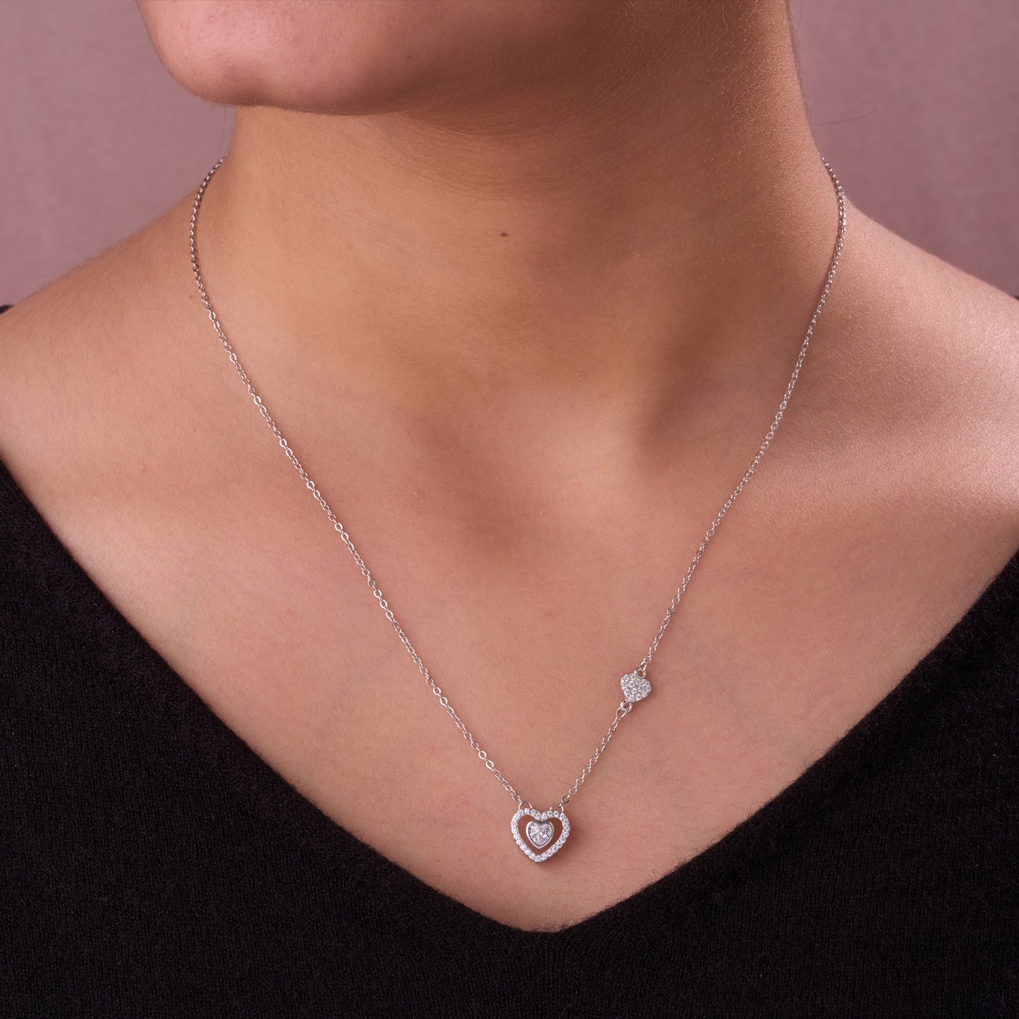 romantic double heart cz pendant necklace with matching earrings in 92.5 sterling silver