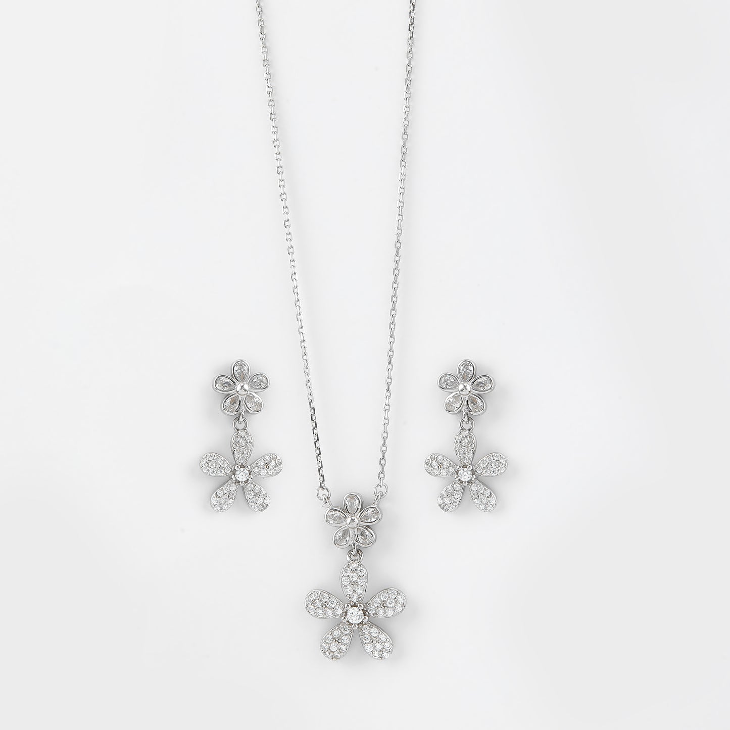 elegant floral cz pendant necklace with matching drop earrings in 92.5 sterling silver