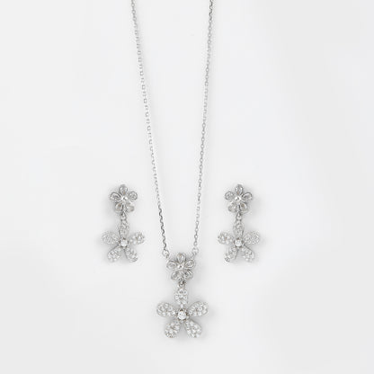 Elegant Floral CZ Pendant Necklace with Matching Drop Earrings in 92.5 Sterling Silver