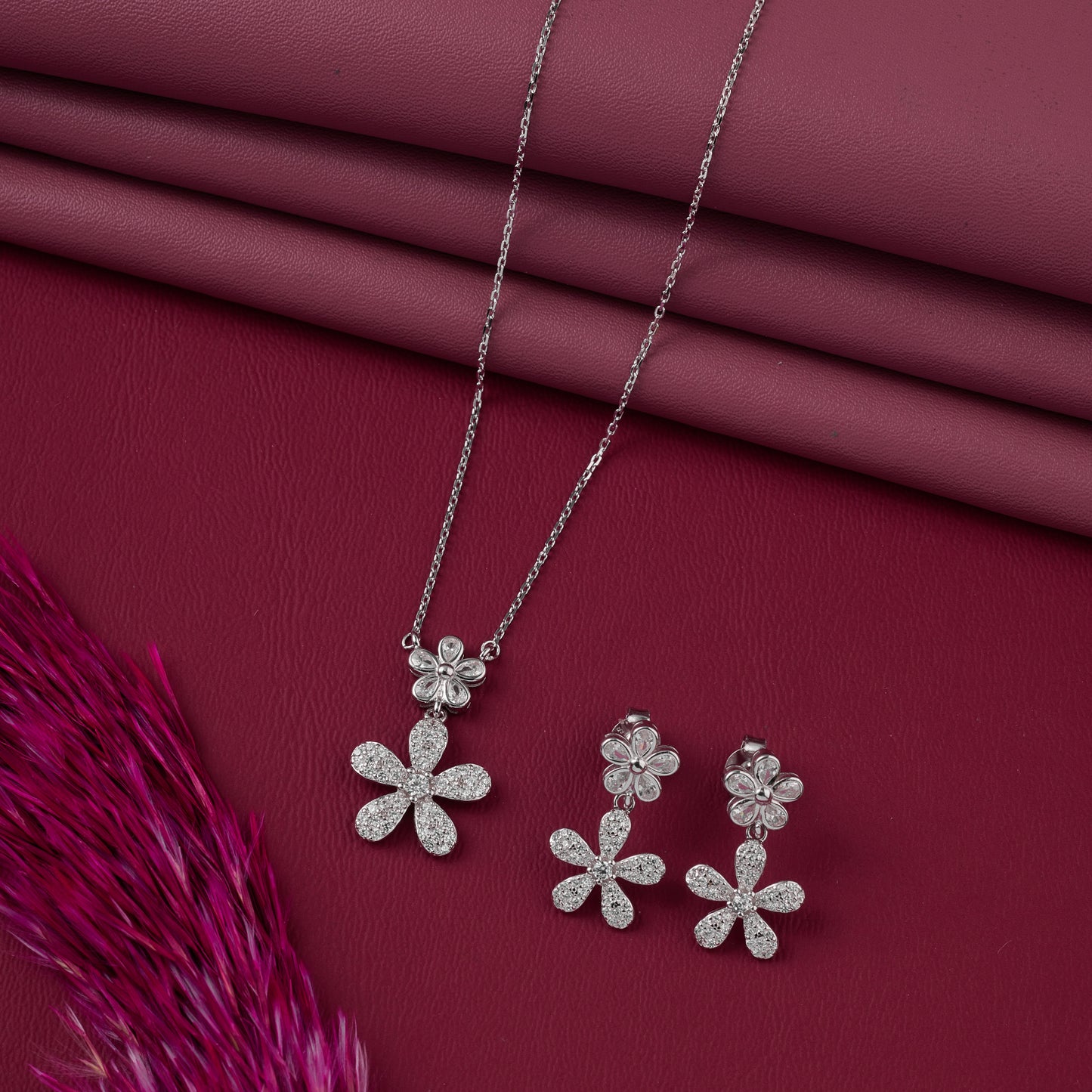 elegant floral cz pendant necklace with matching drop earrings in 92.5 sterling silver