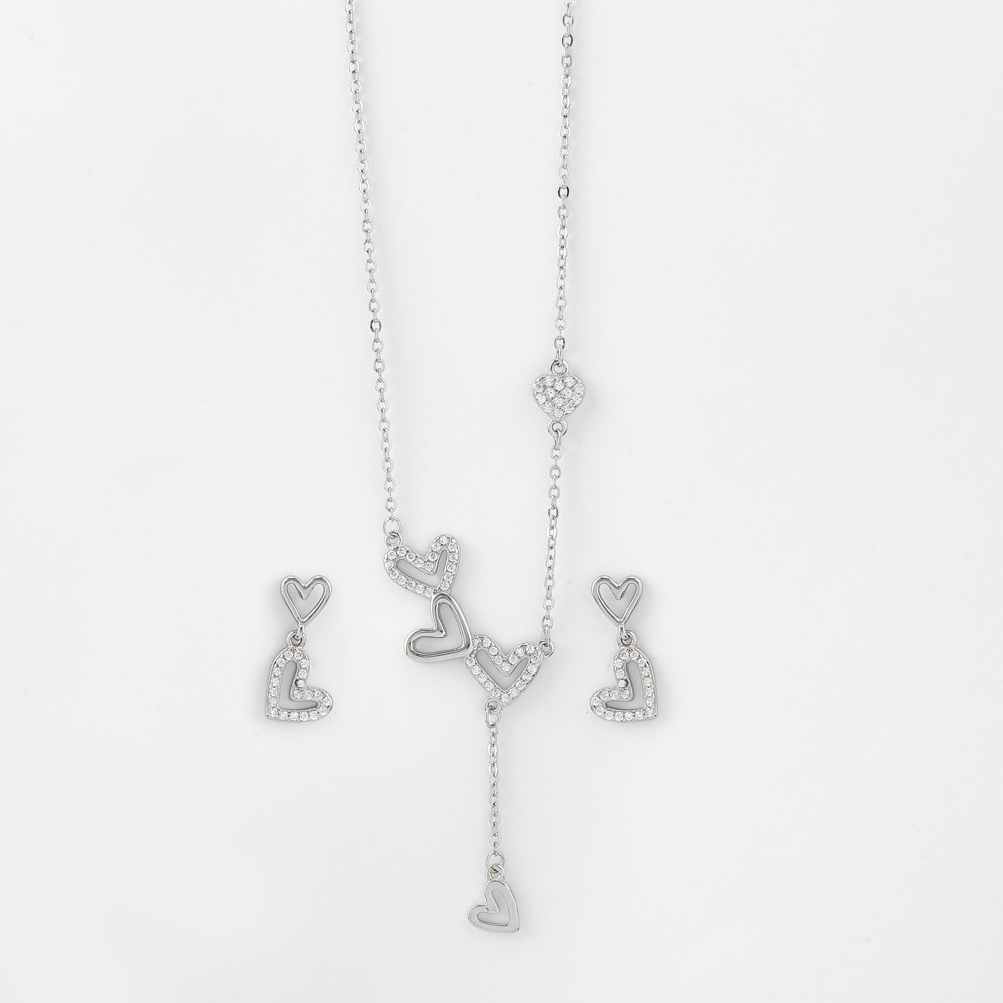 chic triple heart cz pendant necklace with matching drop earrings in 92.5 sterling silver