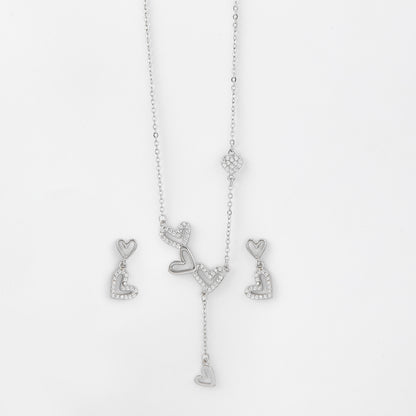 Chic Triple Heart CZ Pendant Necklace with Matching Drop Earrings in 92.5 Sterling Silver