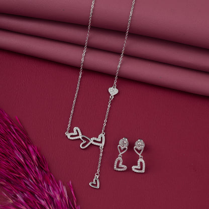 Chic Triple Heart CZ Pendant Necklace with Matching Drop Earrings in 92.5 Sterling Silver
