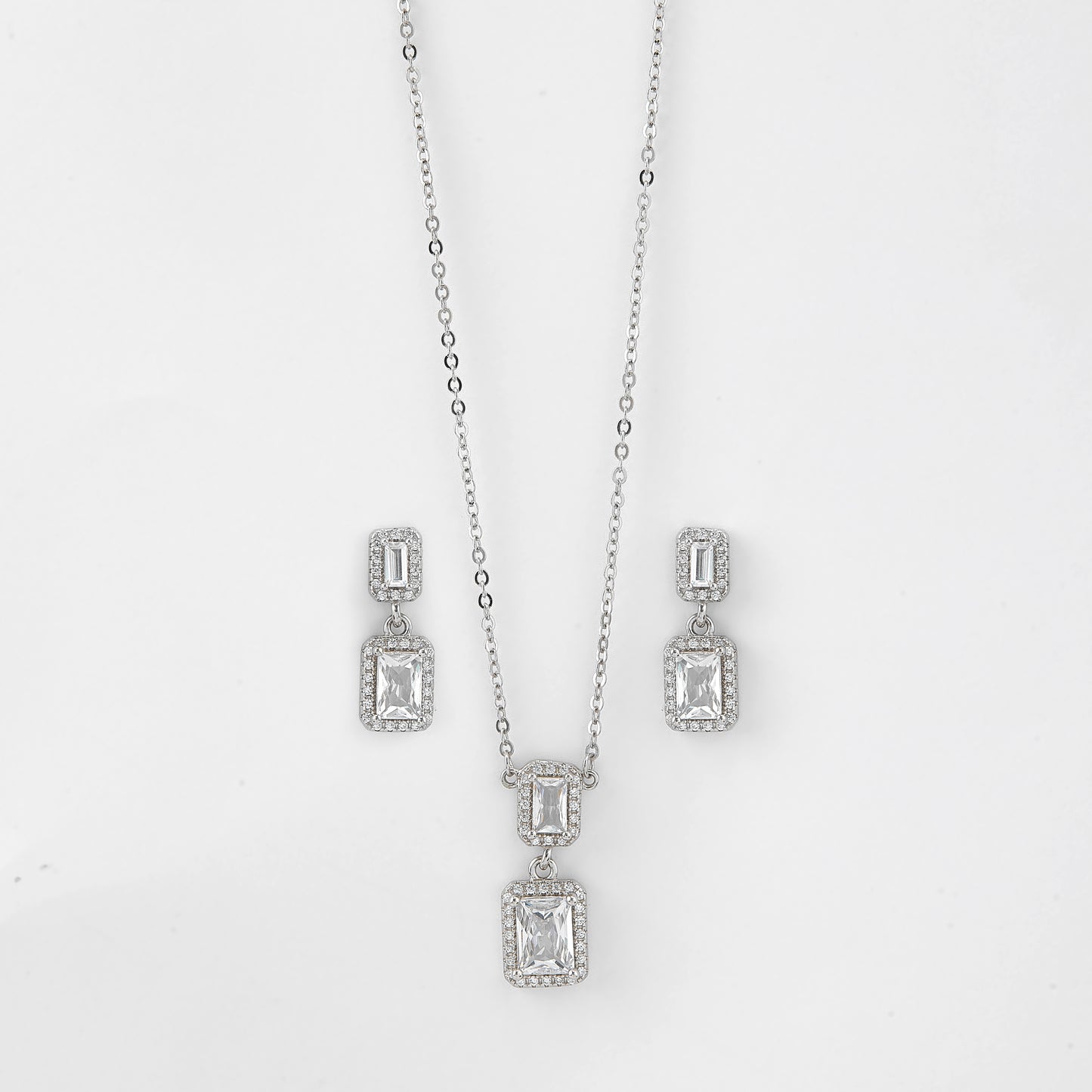 elegant double rectangle cz pendant chain with matching drop earrings in silver finish