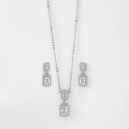 Elegant Double Rectangle CZ Pendant Chain with Matching Drop Earrings in Silver Finish
