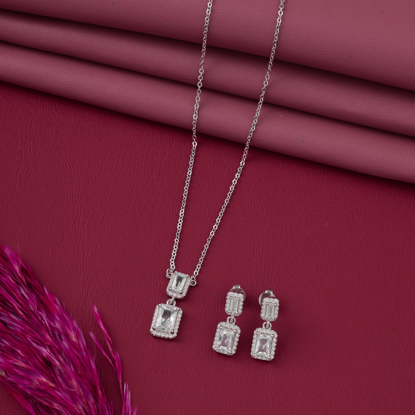 elegant double rectangle cz pendant chain with matching drop earrings in silver finish