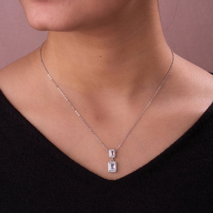 Elegant Double Rectangle CZ Pendant Chain with Matching Drop Earrings in Silver Finish