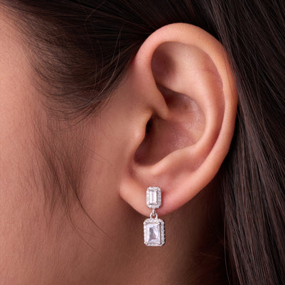 Elegant Double Rectangle CZ Pendant Chain with Matching Drop Earrings in Silver Finish