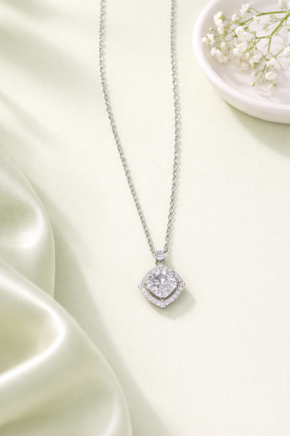 Minimalist Cushion-Cut Halo CZ Pendant Necklace in 92.5 Sterling Silver