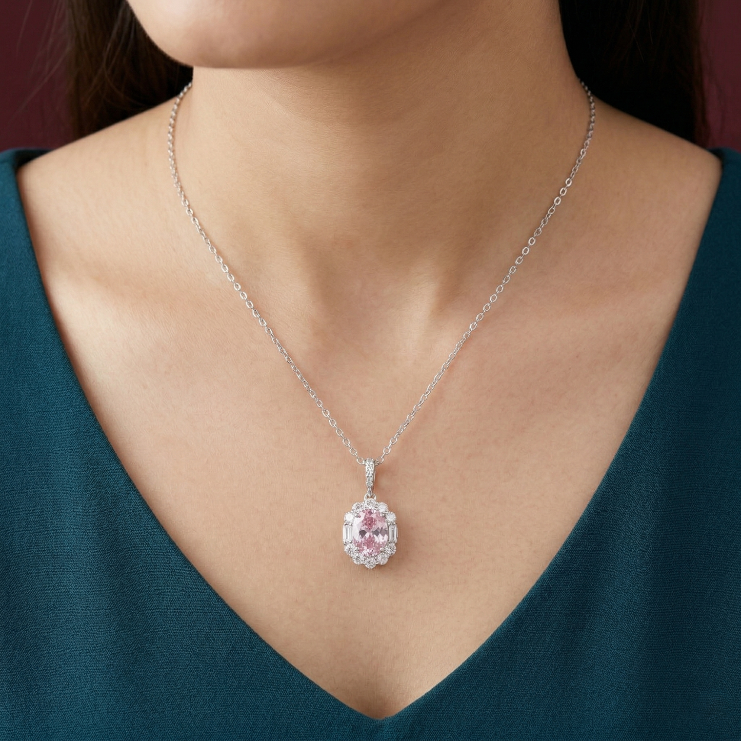 elegant pink oval halo cz pendant necklace in 92.5 sterling silver