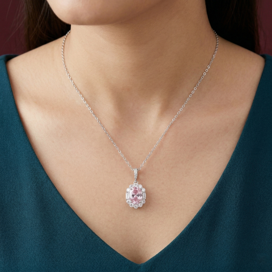 Elegant Pink Oval Halo CZ Pendant Necklace in 92.5 Sterling Silver