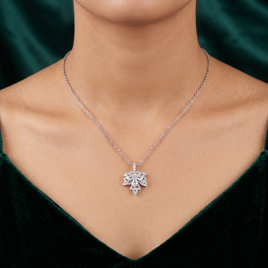 Elegant Silver-Tone Leaf Bloom Crystal Chain Pendant