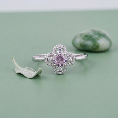 Elegant Clover Halo Solitaire Ring in Pure 92.5 Sterling Silver – Adjustable Size