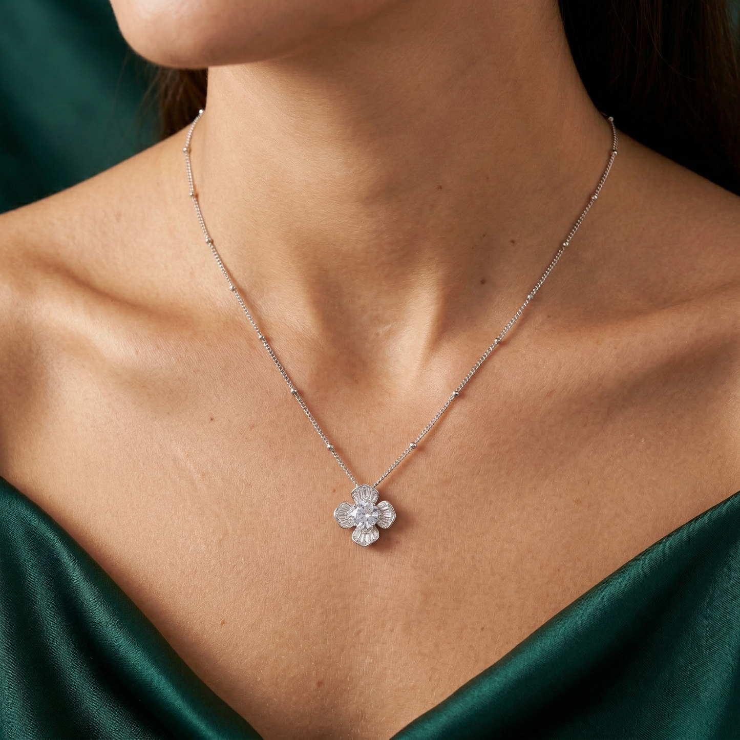elegant blossom cz pendant chain in 92.5 sterling silver