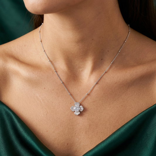 Elegant Blossom CZ Pendant Chain in 92.5 Sterling Silver