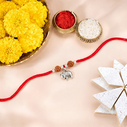 Rudraksha Silver Elephant Charm Rakhi