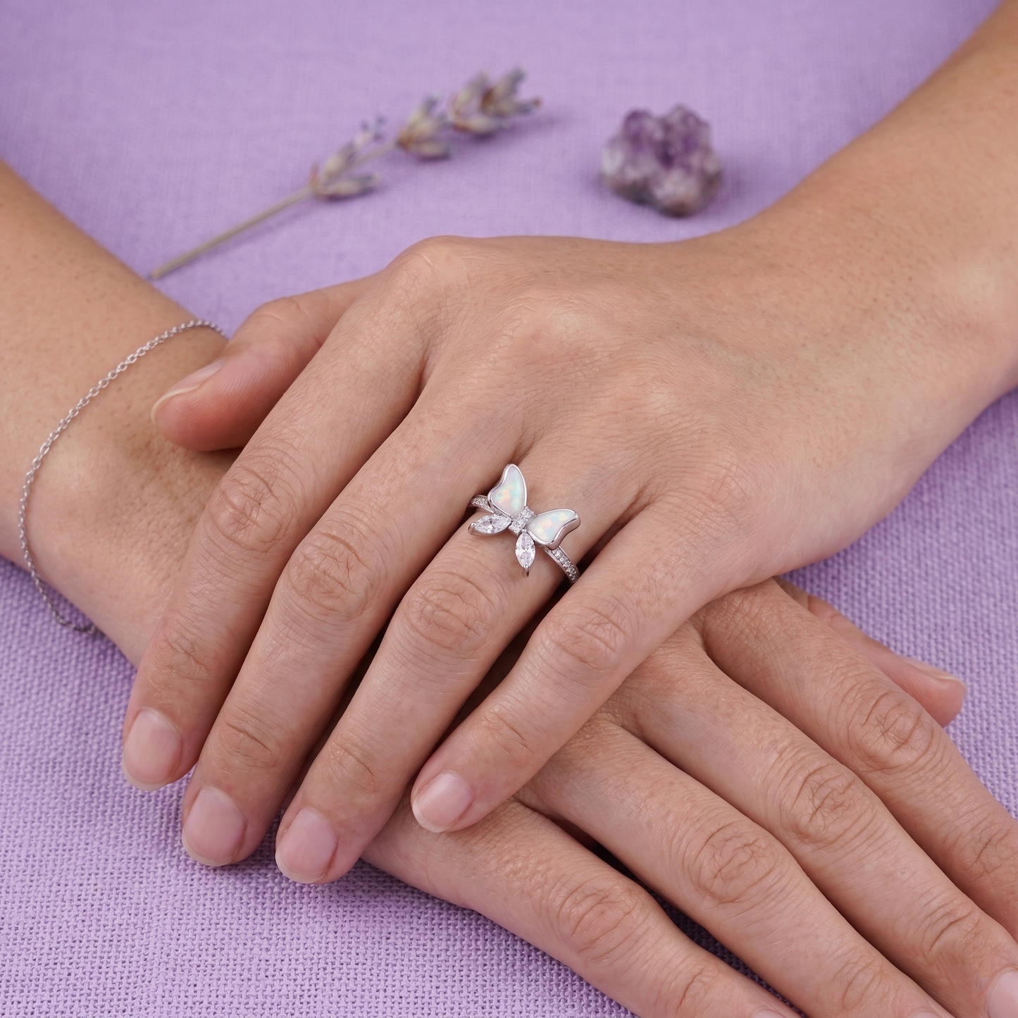 elegant butterfly design ring in pure 92.5 sterling silver with sparkling pavé band – adjustable size