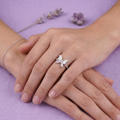 Elegant Butterfly Design Ring in Pure 92.5 Sterling Silver with Sparkling Pavé Band – Adjustable Size