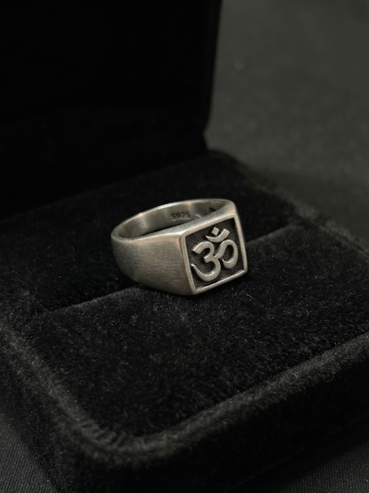 Sacred Om Emblem Sterling Silver Signet Ring