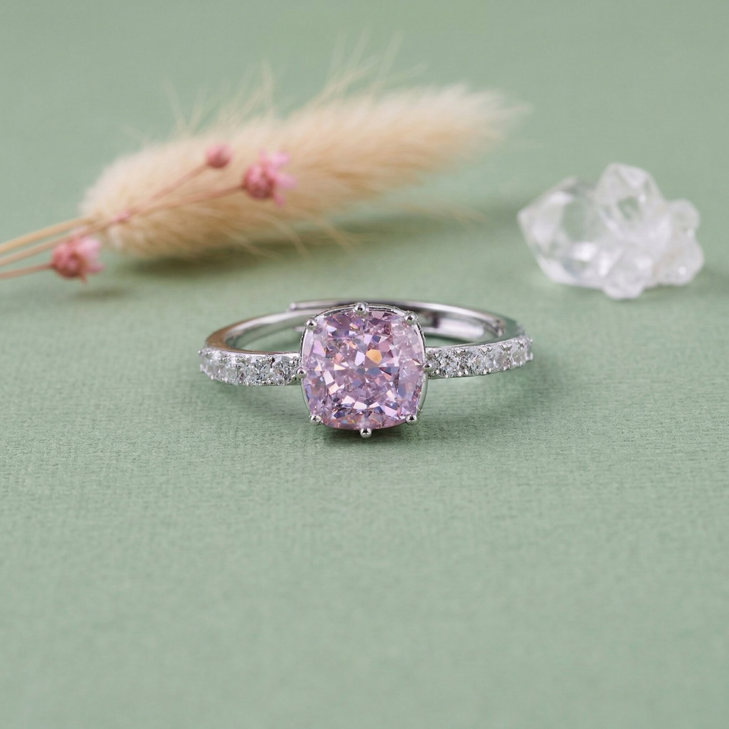 elegant pink cushion-cut solitaire ring in pure 92.5 sterling silver with sparkling pavé band – adjustable size