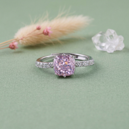 Elegant Pink Cushion-Cut Solitaire Ring in Pure 92.5 Sterling Silver with Sparkling Pavé Band – Adjustable Size