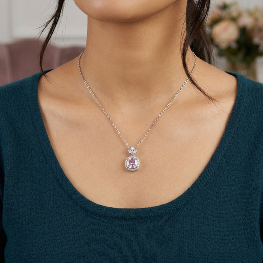 Elegant Blush Pink Halo CZ Pendant Necklace in 92.5 Sterling Silver