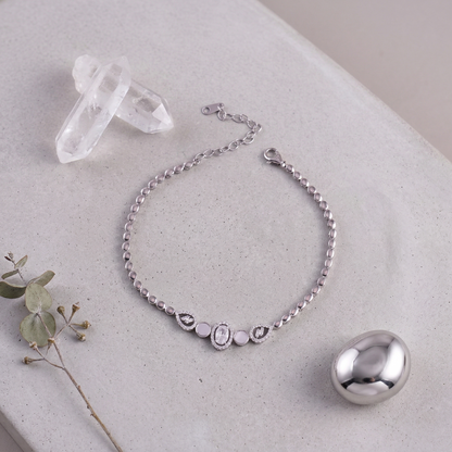 Silver Beaded Bracelet with Crystal Oval Accents in Pure 92.5 Sterling Silver
