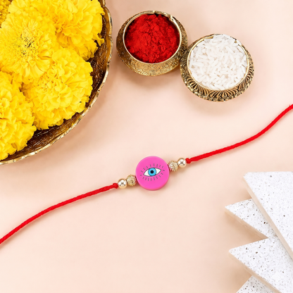 Pink Evil Eye Silver Bead Rakhi