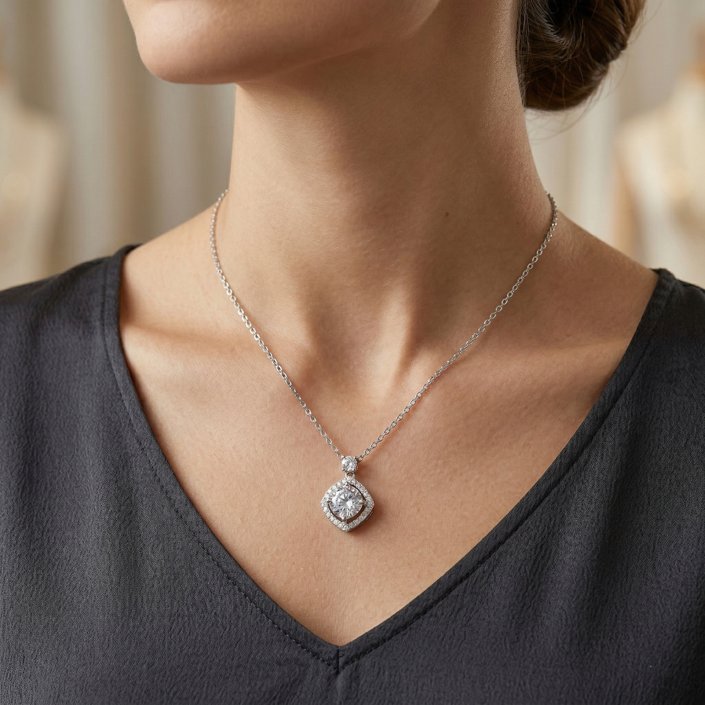 minimalist cushion-cut halo cz pendant necklace in 92.5 sterling silver