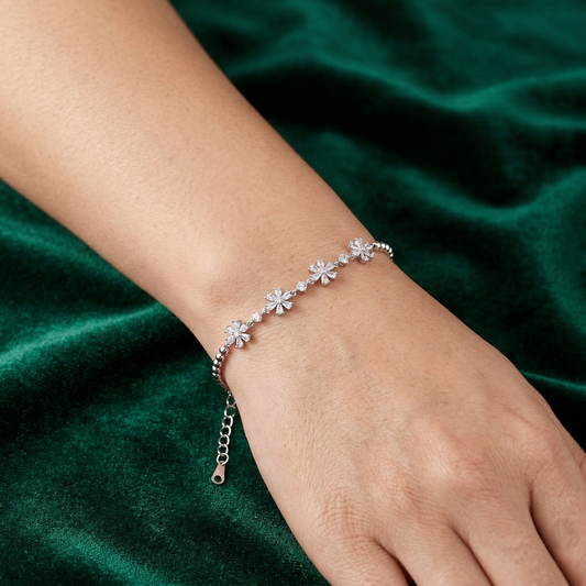Elegant Floral Crystal Bracelet in Pure 92.5 Sterling Silver – Adjustable Fit