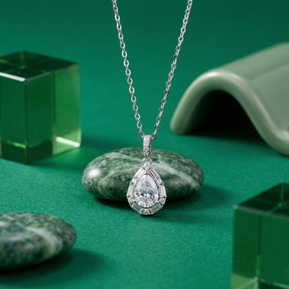 Elegant Teardrop Halo CZ Pendant Necklace in 92.5 Sterling Silver