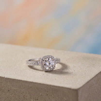 Elegant Cushion Halo Solitaire Ring in Pure 92.5 Sterling Silver – Adjustable Size