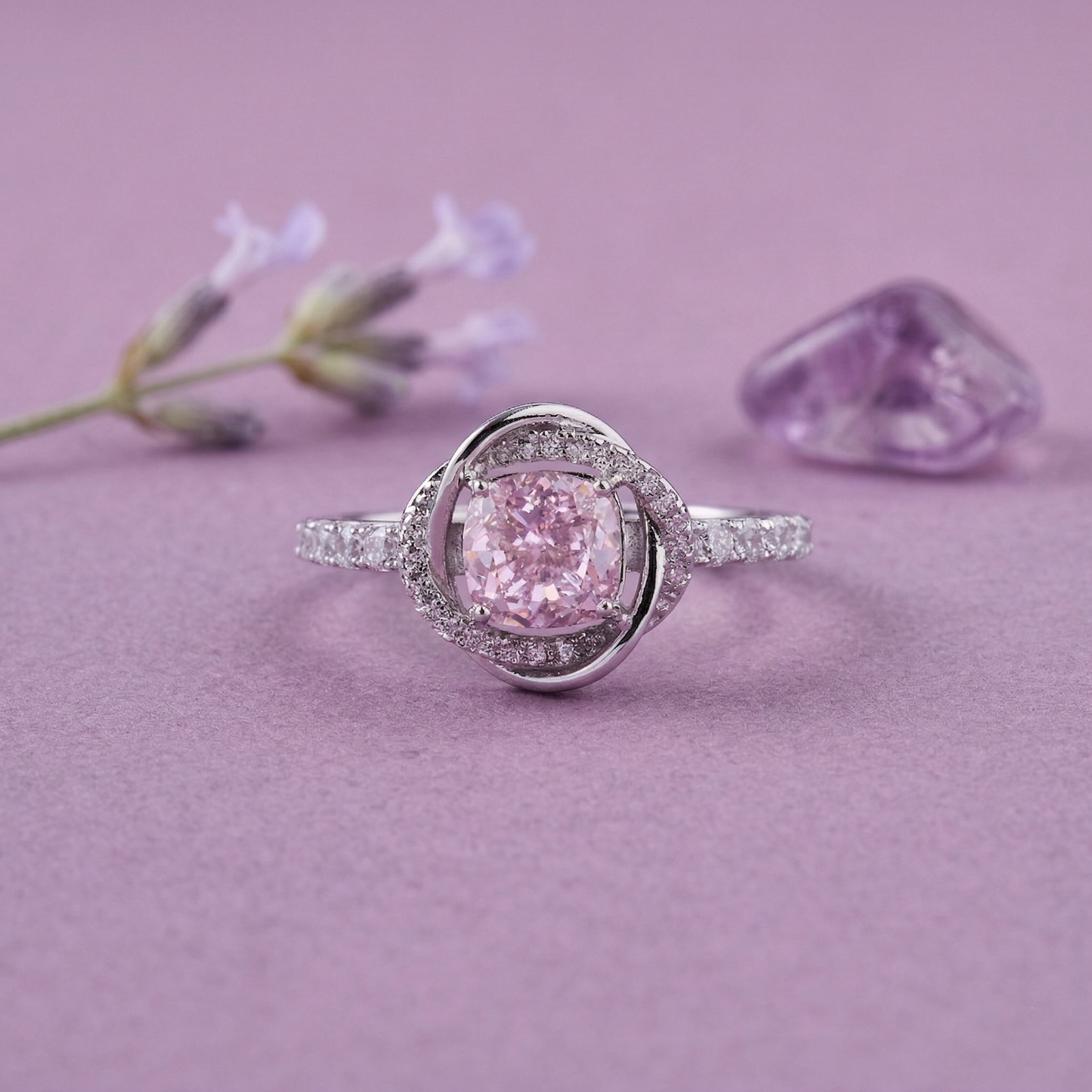 elegant solitaire halo ring in pure 92.5 sterling silver with pavé band – adjustable size