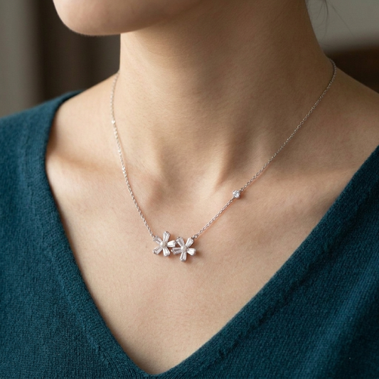 Elegant Twin Floral CZ Pendant Chain in 92.5 Sterling Silver