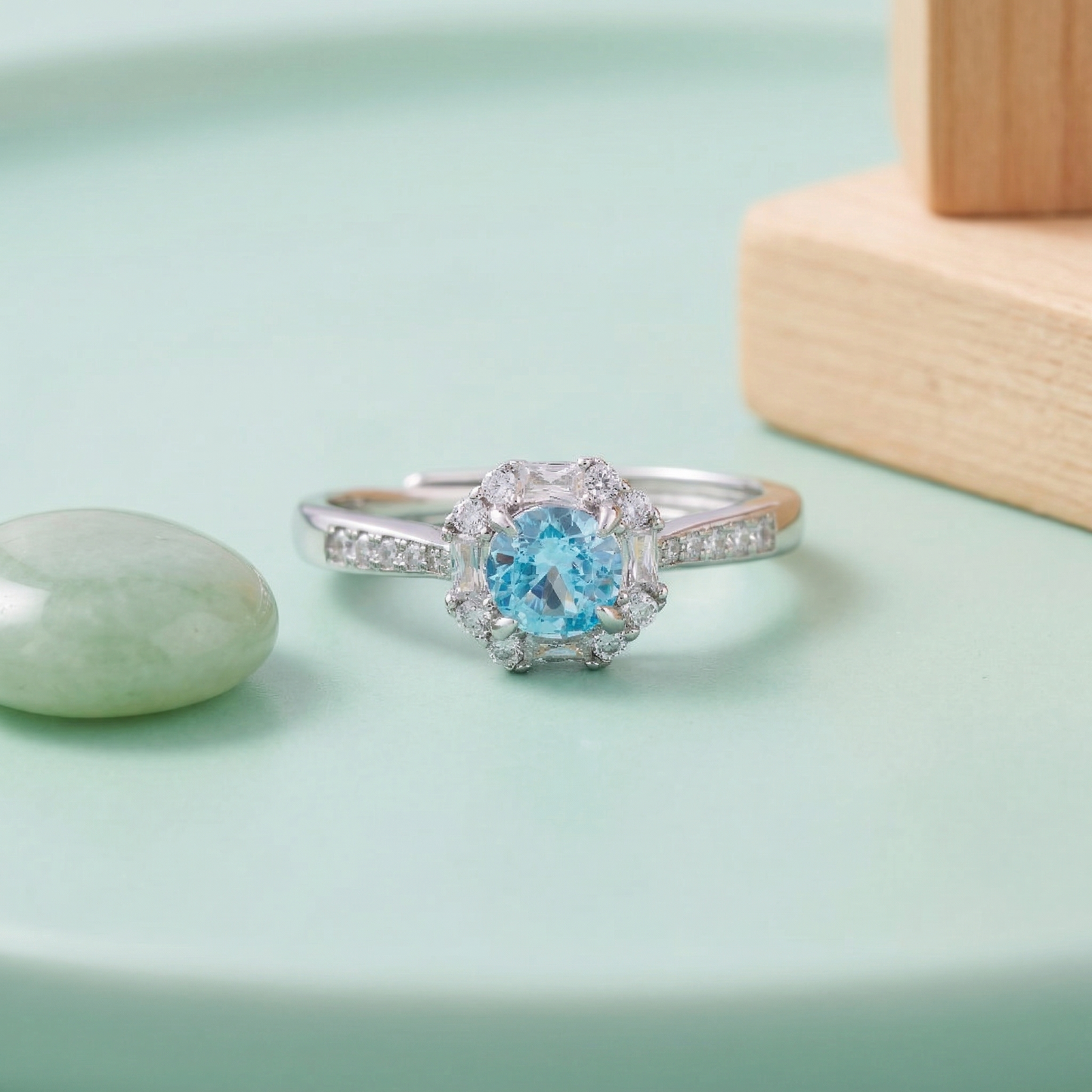 elegant floral halo solitaire ring in pure 92.5 sterling silver with sparkling pavé band – adjustable size