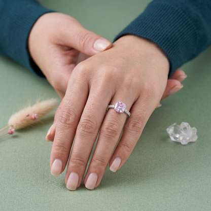 Elegant Pink Cushion-Cut Solitaire Ring in Pure 92.5 Sterling Silver with Sparkling Pavé Band – Adjustable Size
