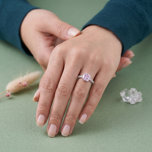 Elegant Pink Cushion-Cut Solitaire Ring in Pure 92.5 Sterling Silver with Sparkling Pavé Band – Adjustable Size