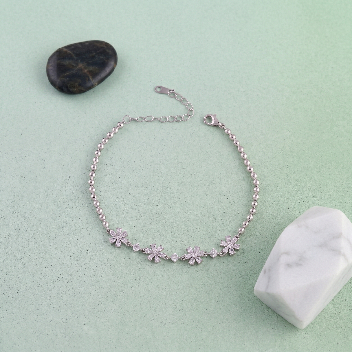 elegant floral crystal bracelet in pure 92.5 sterling silver – adjustable fit