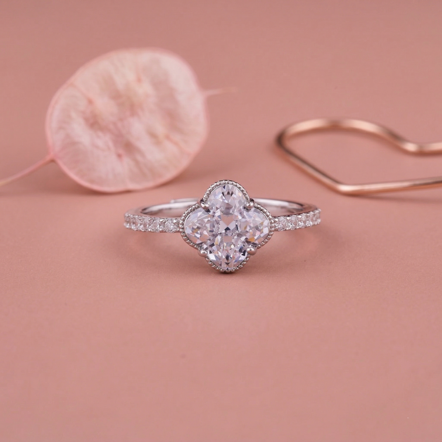 elegant clover-cut solitaire ring in pure 92.5 sterling silver with dainty pavé band – adjustable size