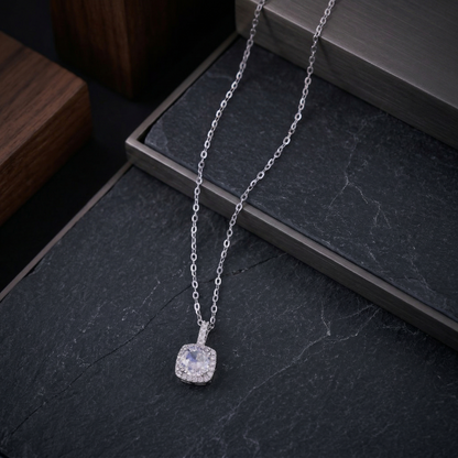 Elegant Cushion Halo CZ Pendant Necklace in 92.5 Sterling Silver
