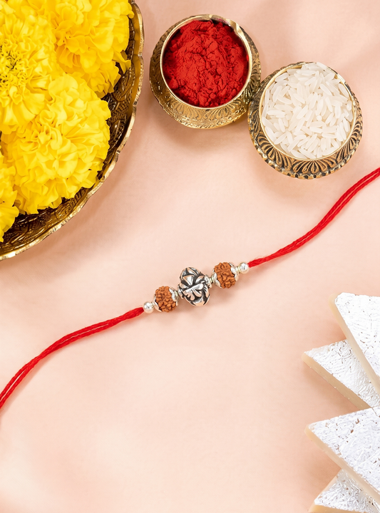 Antique Silver Leaf Rudraksha Rakhi