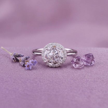 Elegant Round Halo Solitaire Ring in Pure 92.5 Sterling Silver – Adjustable Size