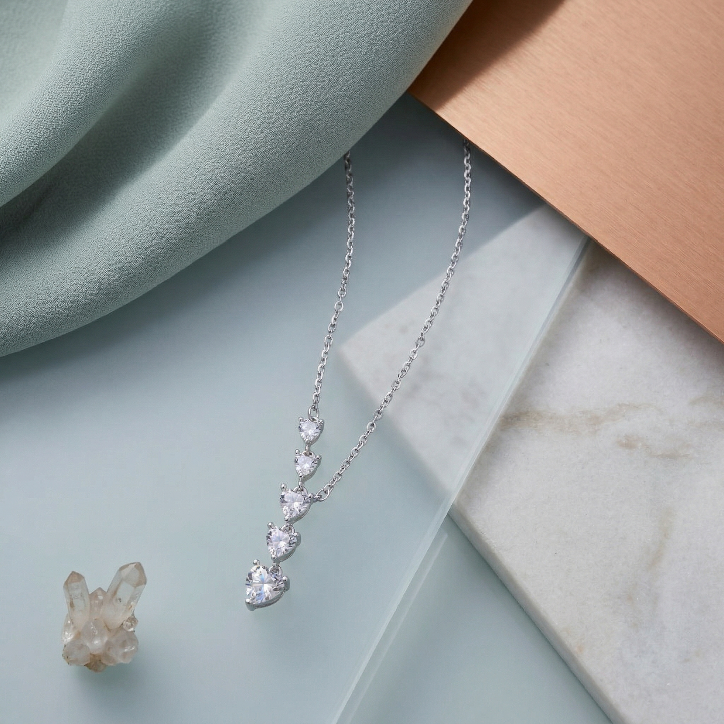 classic cascading heart crystal pendant chain in 92.5 sterling silver