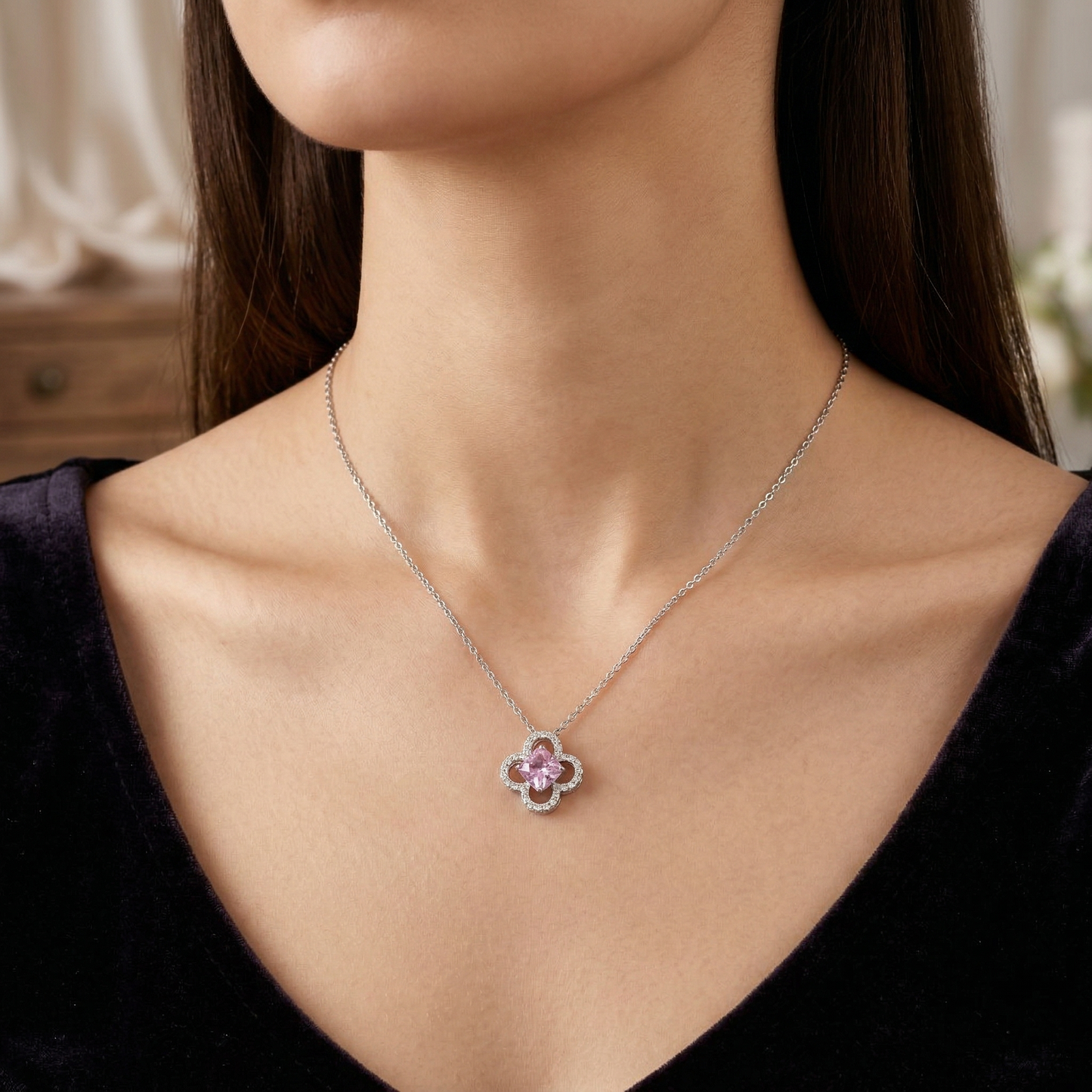 premium floral crystal halo pendant chain in 92.5 sterling silver