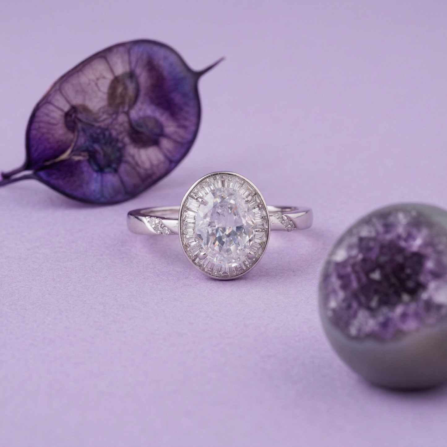 elegant oval halo solitaire ring in pure 92.5 sterling silver with baguette accent frame – adjustable size