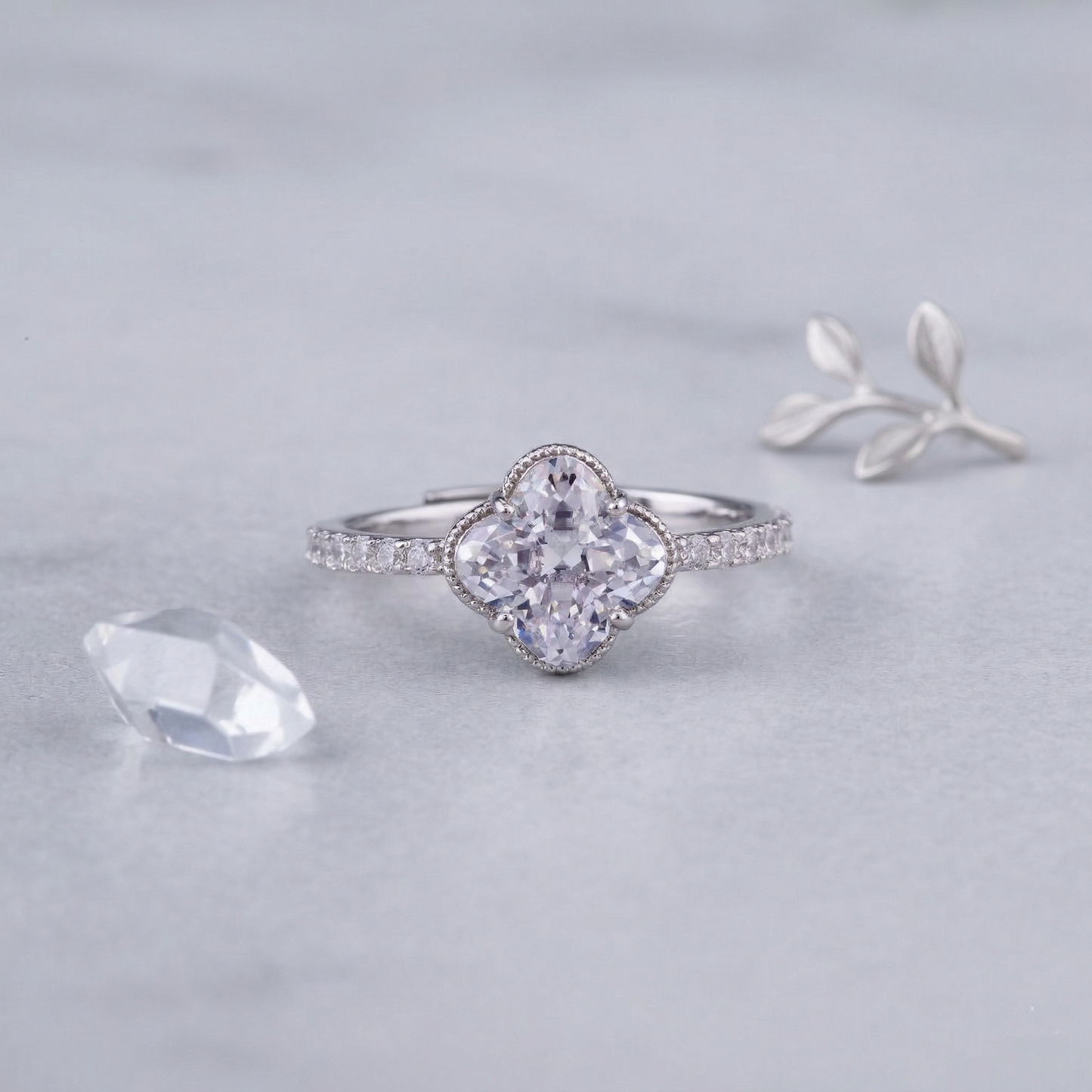 elegant clover-cut solitaire ring in pure 92.5 sterling silver with dainty pavé band – adjustable size