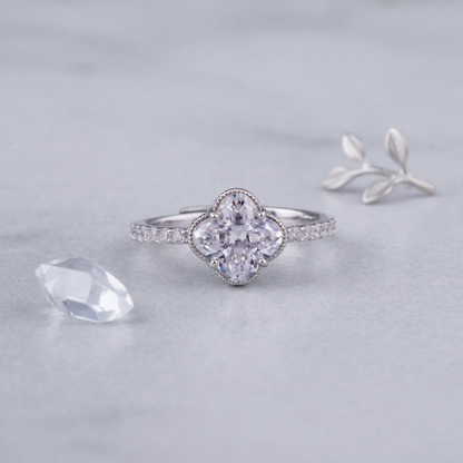 Elegant Clover-Cut Solitaire Ring in Pure 92.5 Sterling Silver with Dainty Pavé Band – Adjustable Size