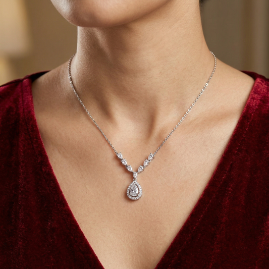 Classic Teardrop Halo Crystal Pendant Chain in 92.5 Sterling Silver